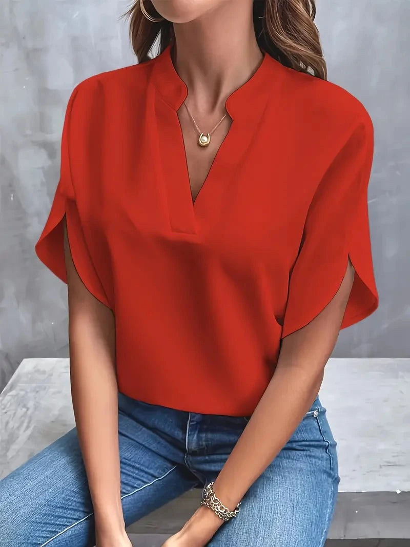 Blusa elegante de gasa lisa para mujer, blusa informal de primavera y verano con cuello en V y manga larga, blusa holgada para oficina, blusas extragrandes 2024