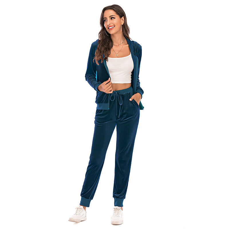 Women's Clothes Autumn Long Sleeve Tops with Pants Loungewear Hooded Zipper With Pockets Warm Velvet Female Clothing Coat Suits
