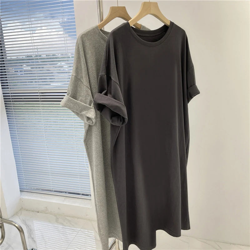 Women's Clothing Solid Dress Short Sleeve Casual Loose Pullover Tunic Summer Comfortable Simple Straight Dresses
