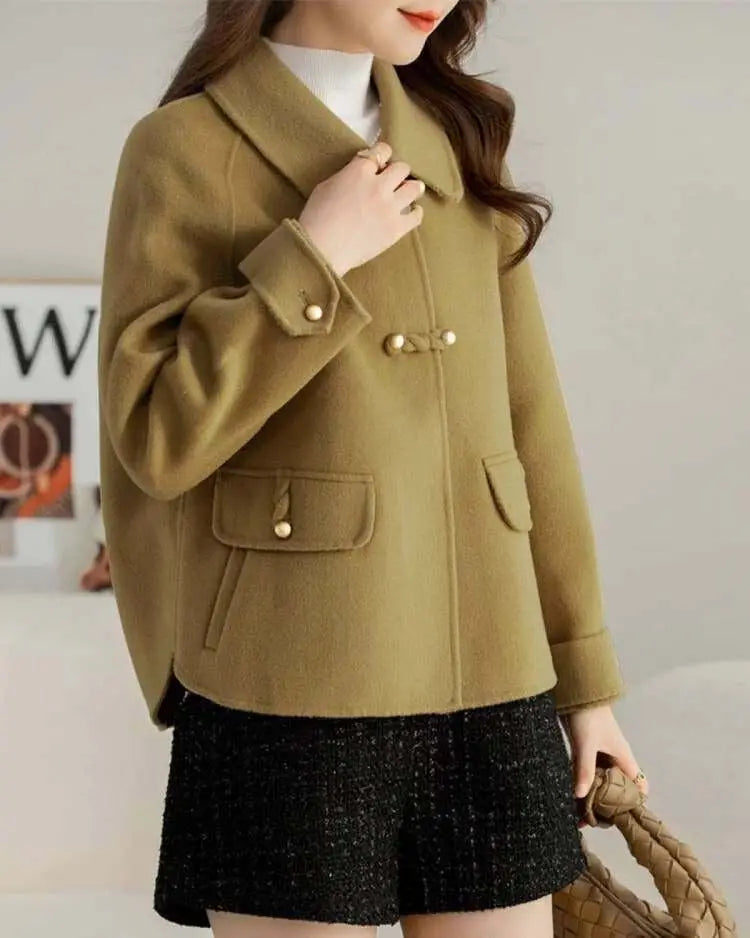 Women Clothing Autumn Winter Korean Fashion Luxury Chic Woolen Coat Retro Elegant Single Breasted Jackets Solid Loose Outerwears