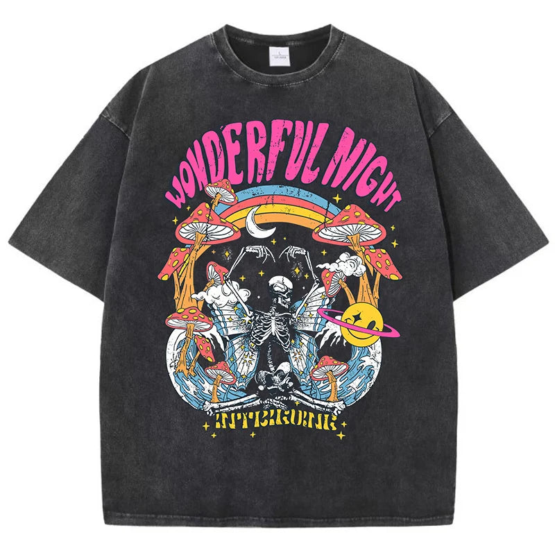 Women Casual Cotton Washed T-Shirt Wonderful Night Skeleton Butterfly Wave Printing Tops Fashion Oversize Street Female Clothing