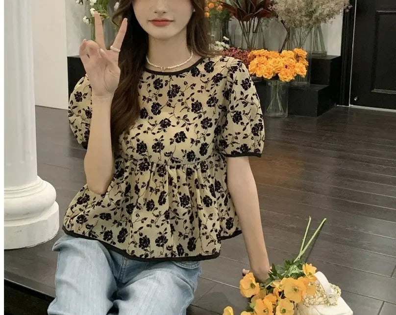 Ropa de mujer, elegantes camisas con cordón, estilo francés, vintage, flores rotas, verano, dulce, manga corta, elegante blusa de cintura.