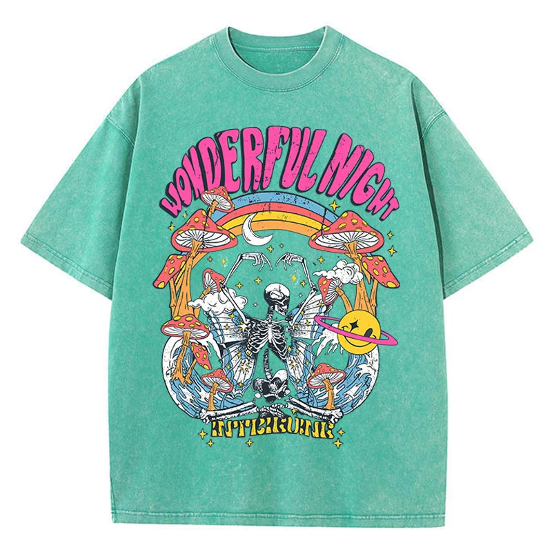 Women Casual Cotton Washed T-Shirt Wonderful Night Skeleton Butterfly Wave Printing Tops Fashion Oversize Street Female Clothing