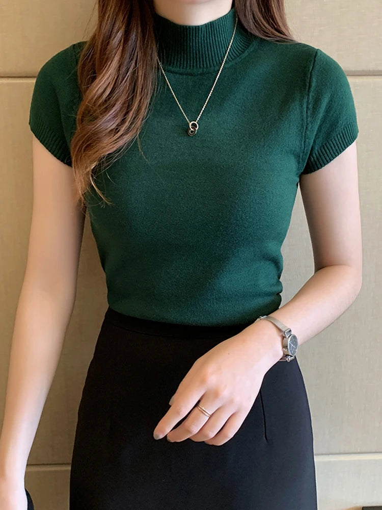 Blusa informal de punto coreana para mujer, blusa de cuello alto ajustada lisa, primavera y verano, 8622
