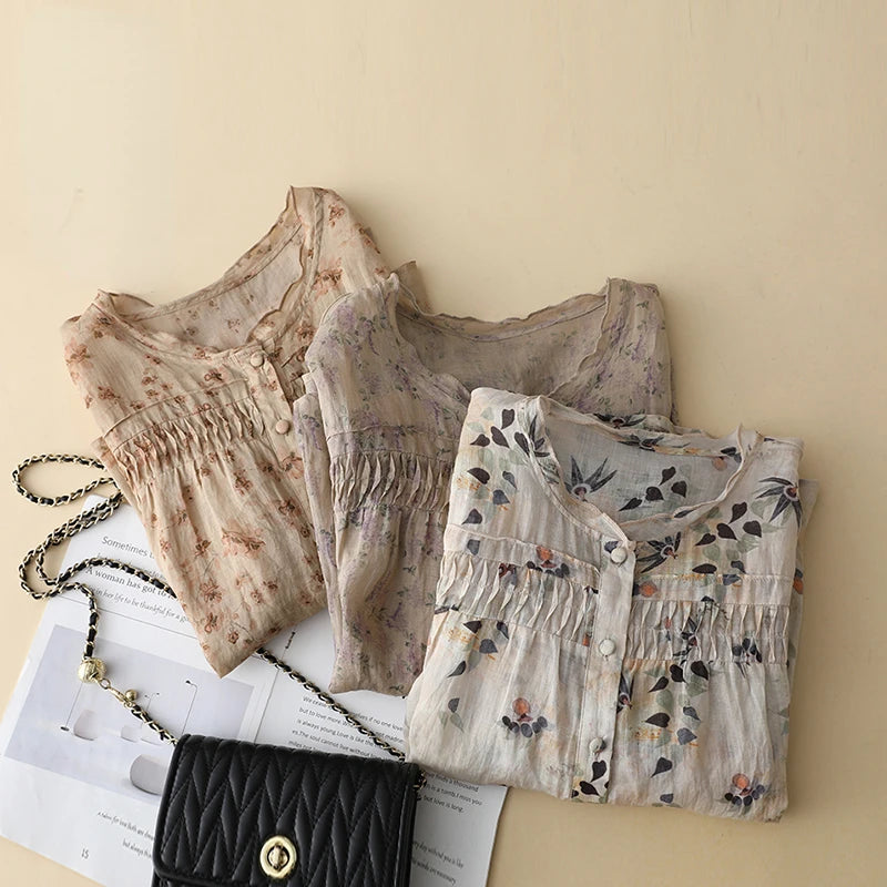 Blusas de estilo chino para mujer, de lino y algodón, de manga corta, holgadas y estampadas, ropa vintage para mujer, de verano, nuevas.
