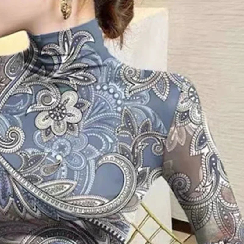 Women's Clothes High Neck T-Shirts New Flower Printed Skinny Long Sleeves Base Layer Tops for Female Autumn Winter