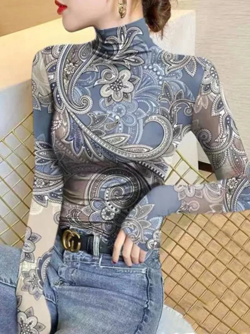 Women's Clothes High Neck T-Shirts New Flower Printed Skinny Long Sleeves Base Layer Tops for Female Autumn Winter