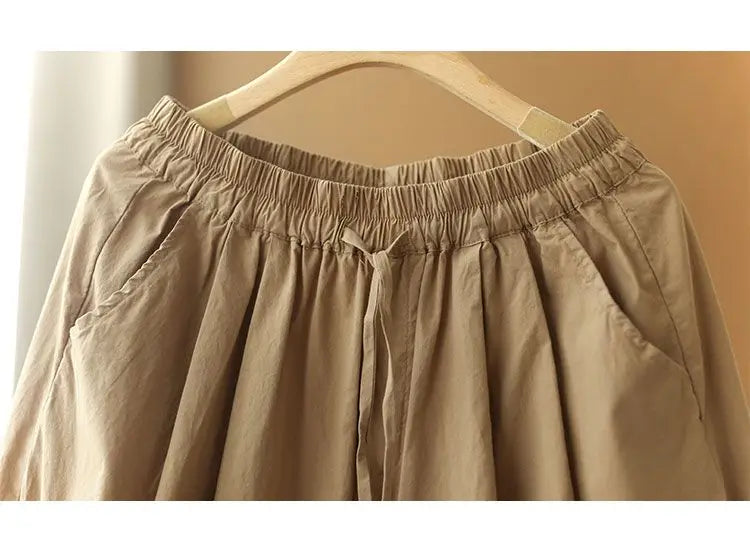 Pantalones cortos de playa sencillos de cintura alta elástica de estilo japonés para mujer, ropa de calle informal, holgados, de pierna ancha y hasta la rodilla