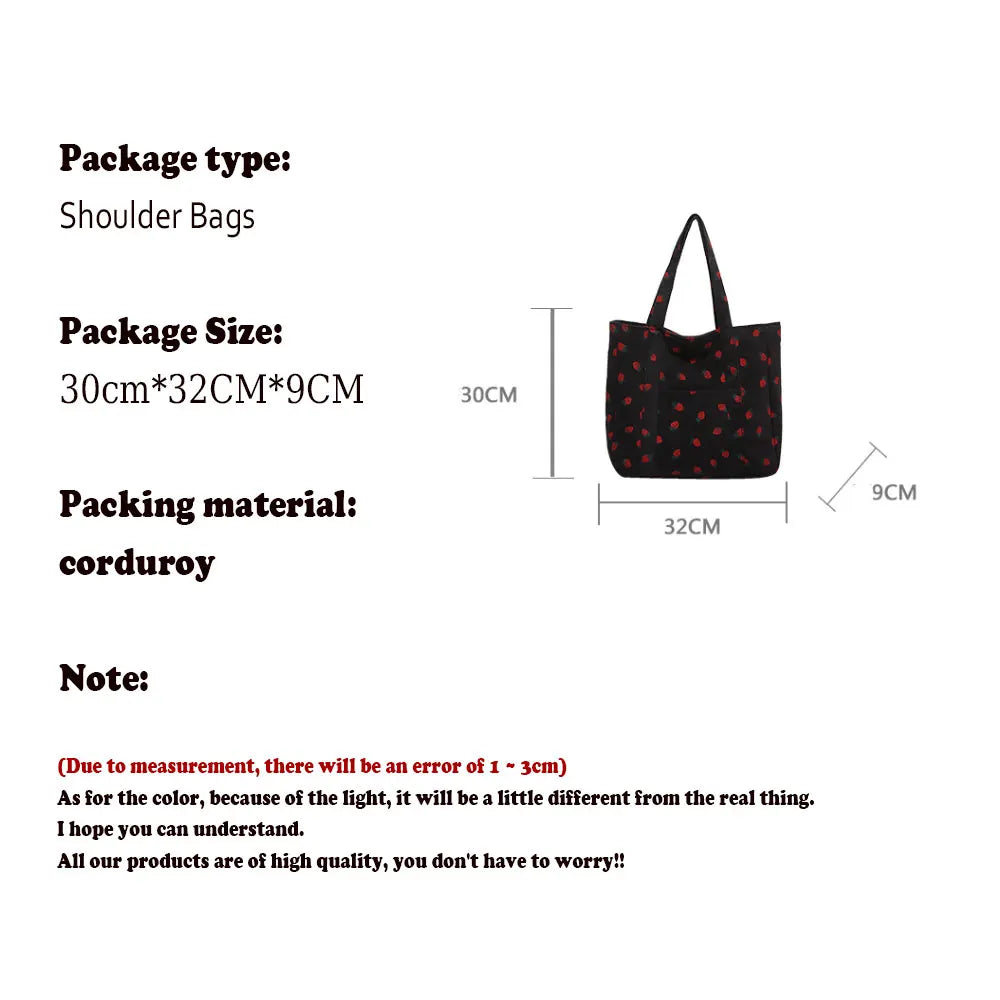 Bolso de pana con diseño de fresas, bolso de playa, moderno y versátil, bolso de hombro de gran capacidad, bolso de mano sencillo para mujer.