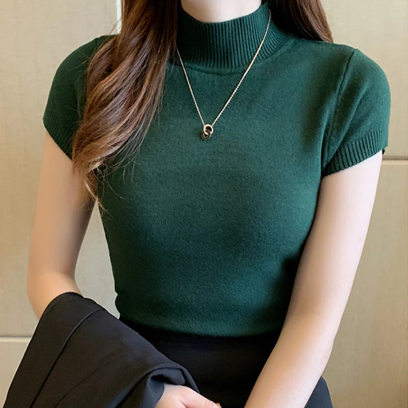 Blusa informal de punto coreana para mujer, blusa de cuello alto ajustada lisa, primavera y verano, 8622