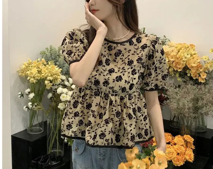 Ropa de mujer, elegantes camisas con cordón, estilo francés, vintage, flores rotas, verano, dulce, manga corta, elegante blusa de cintura.