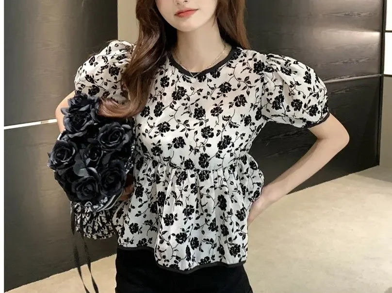 Ropa de mujer, elegantes camisas con cordón, estilo francés, vintage, flores rotas, verano, dulce, manga corta, elegante blusa de cintura.