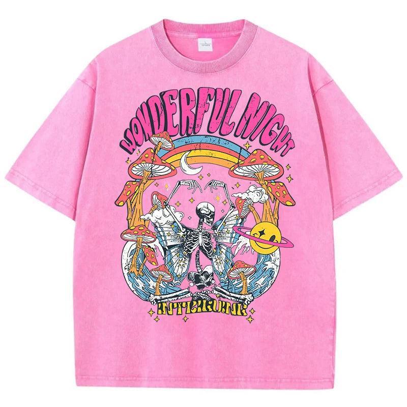 Women Casual Cotton Washed T-Shirt Wonderful Night Skeleton Butterfly Wave Printing Tops Fashion Oversize Street Female Clothing