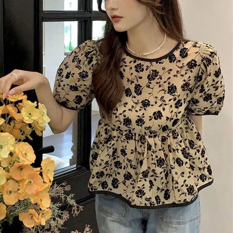 Ropa de mujer, elegantes camisas con cordón, estilo francés, vintage, flores rotas, verano, dulce, manga corta, elegante blusa de cintura.