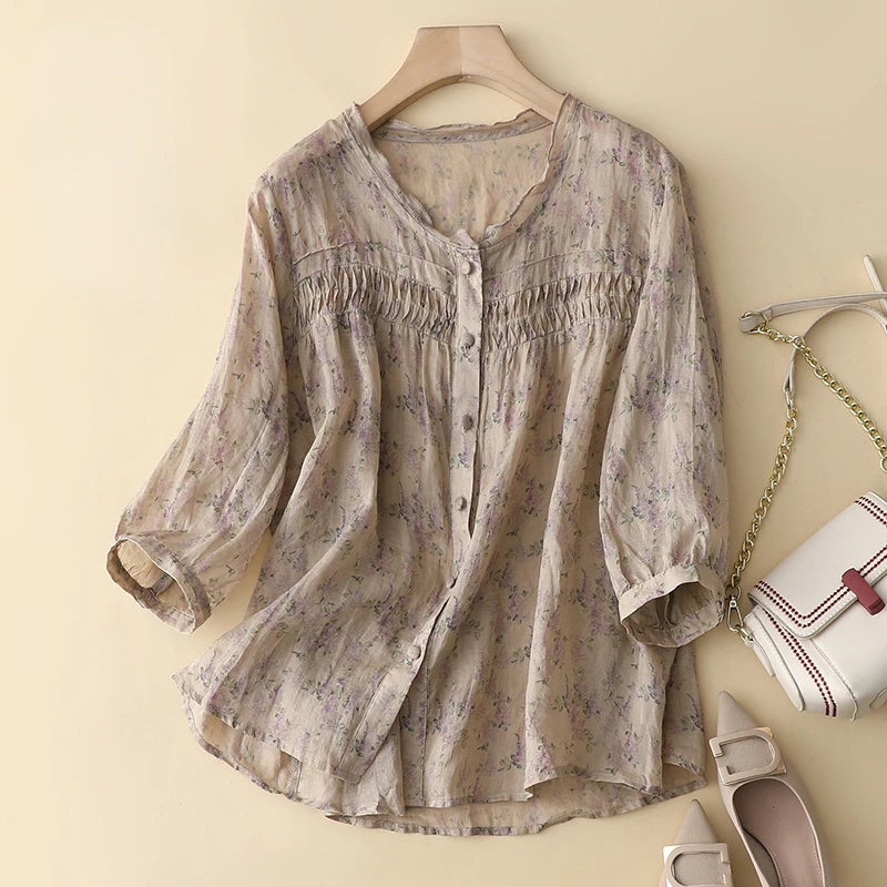 Blusas de estilo chino para mujer, de lino y algodón, de manga corta, holgadas y estampadas, ropa vintage para mujer, de verano, nuevas.
