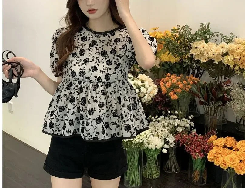 Ropa de mujer, elegantes camisas con cordón, estilo francés, vintage, flores rotas, verano, dulce, manga corta, elegante blusa de cintura.