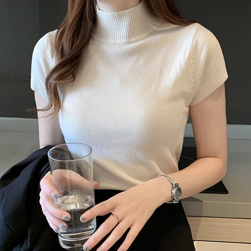 Blusa informal de punto coreana para mujer, blusa de cuello alto ajustada lisa, primavera y verano, 8622
