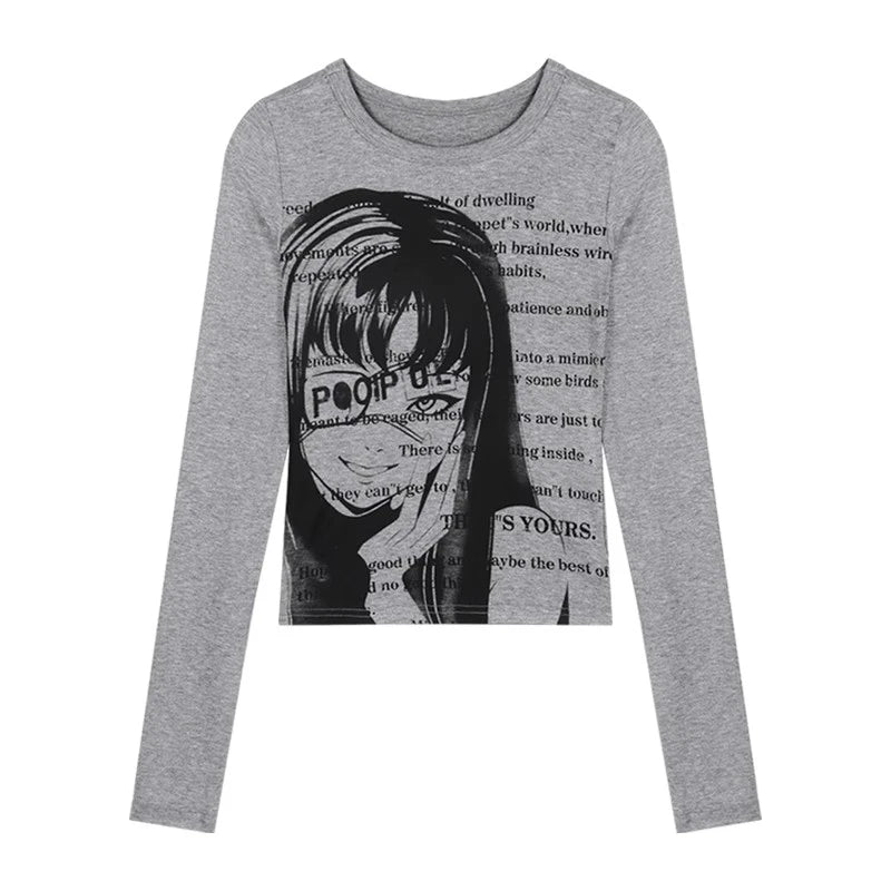 Camiseta vintage Y2K para mujer, blusa de algodón, cuello redondo, manga larga, túnica estampada, ropa grunge para mujer, top corto informal de moda