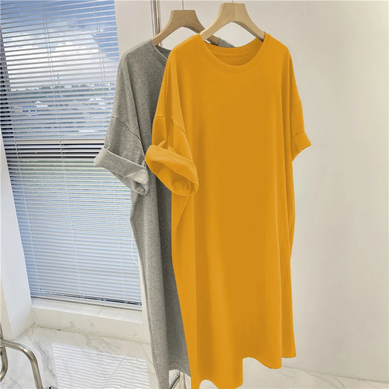 Women's Clothing Solid Dress Short Sleeve Casual Loose Pullover Tunic Summer Comfortable Simple Straight Dresses
