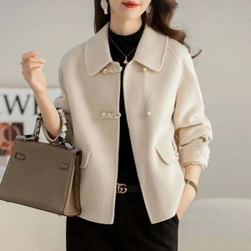 Women Clothing Autumn Winter Korean Fashion Luxury Chic Woolen Coat Retro Elegant Single Breasted Jackets Solid Loose Outerwears