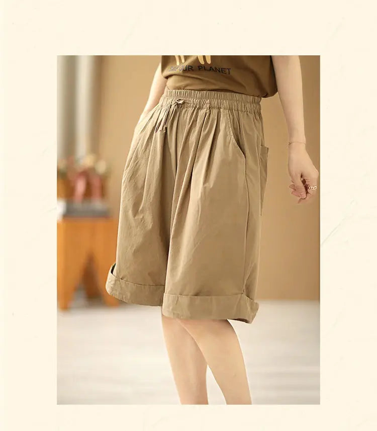 Pantalones cortos de playa sencillos de cintura alta elástica de estilo japonés para mujer, ropa de calle informal, holgados, de pierna ancha y hasta la rodilla