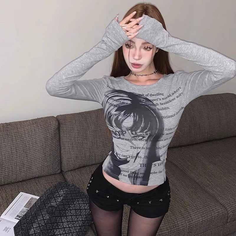 Camiseta vintage Y2K para mujer, blusa de algodón, cuello redondo, manga larga, túnica estampada, ropa grunge para mujer, top corto informal de moda