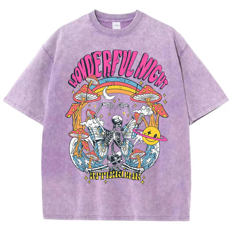 Women Casual Cotton Washed T-Shirt Wonderful Night Skeleton Butterfly Wave Printing Tops Fashion Oversize Street Female Clothing