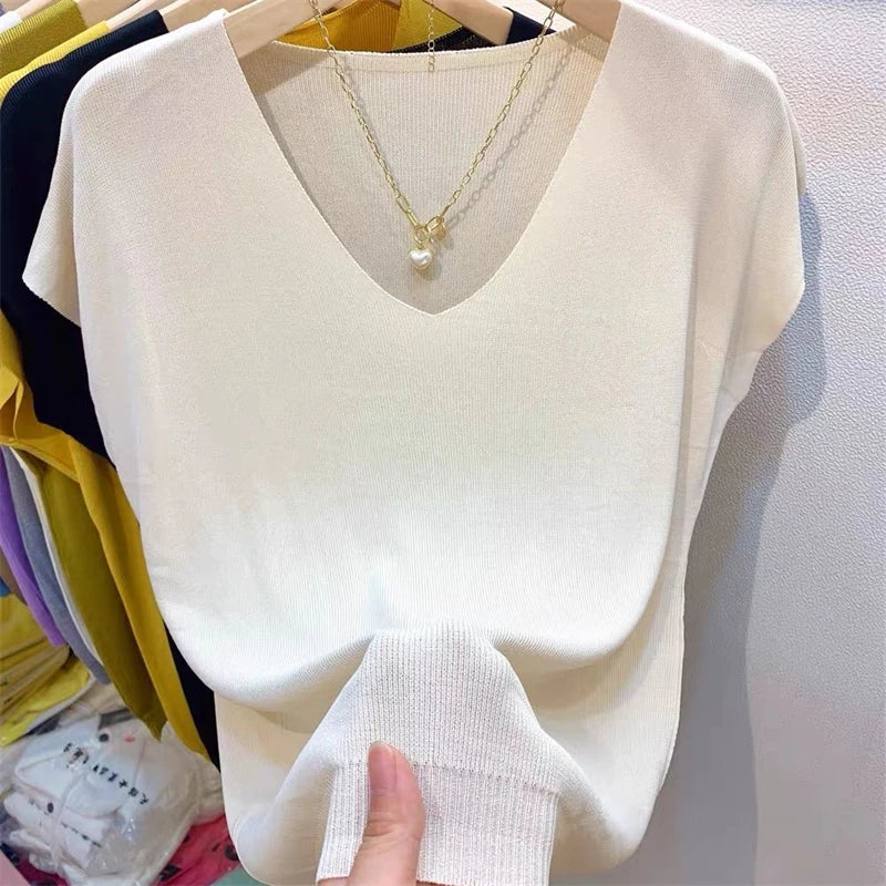 Women Clothing Summer Fashion Simple Short Sleeve Ice Silk Thin Knitted T-shirt Casual Commute Solid V Neck Loose Pullover Tops