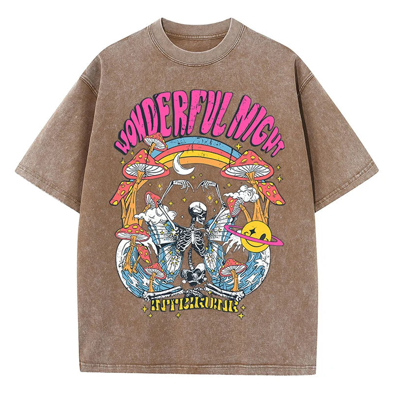 Women Casual Cotton Washed T-Shirt Wonderful Night Skeleton Butterfly Wave Printing Tops Fashion Oversize Street Female Clothing