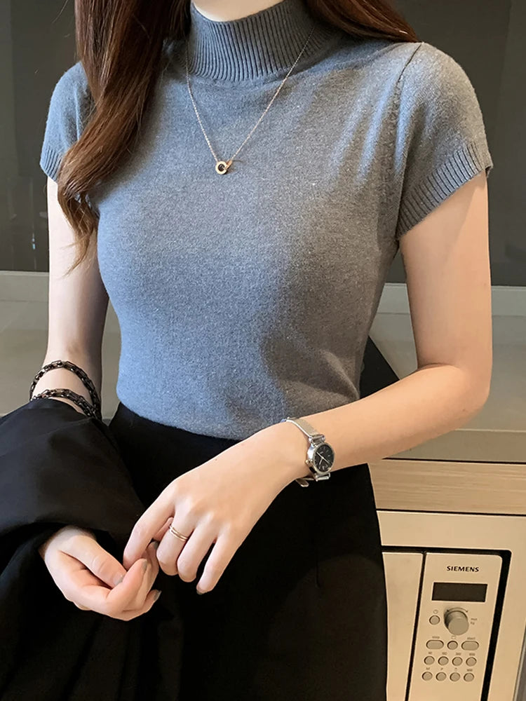 Blusa informal de punto coreana para mujer, blusa de cuello alto ajustada lisa, primavera y verano, 8622