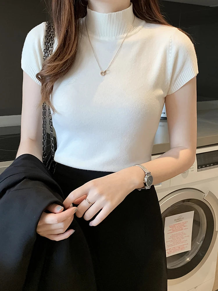 Blusa informal de punto coreana para mujer, blusa de cuello alto ajustada lisa, primavera y verano, 8622