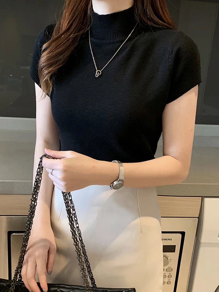 Blusa informal de punto coreana para mujer, blusa de cuello alto ajustada lisa, primavera y verano, 8622