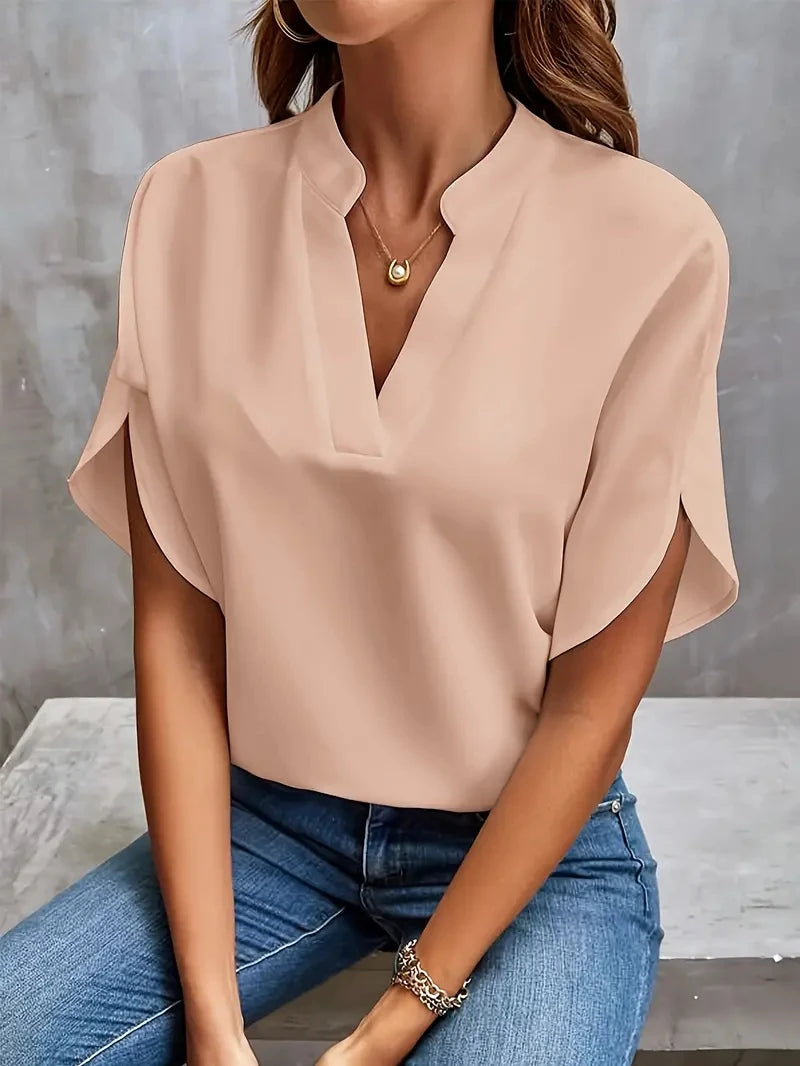 Blusa elegante de gasa lisa para mujer, blusa informal de primavera y verano con cuello en V y manga larga, blusa holgada para oficina, blusas extragrandes 2024