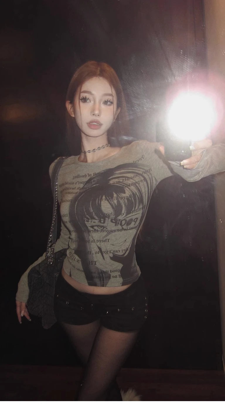 Camiseta vintage Y2K para mujer, blusa de algodón, cuello redondo, manga larga, túnica estampada, ropa grunge para mujer, top corto informal de moda
