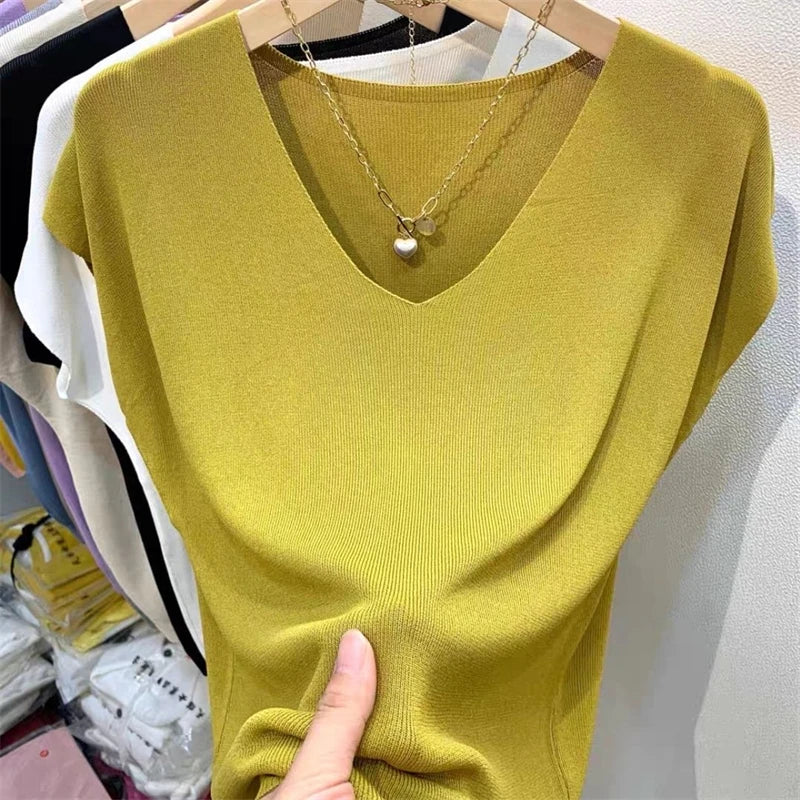 Women Clothing Summer Fashion Simple Short Sleeve Ice Silk Thin Knitted T-shirt Casual Commute Solid V Neck Loose Pullover Tops