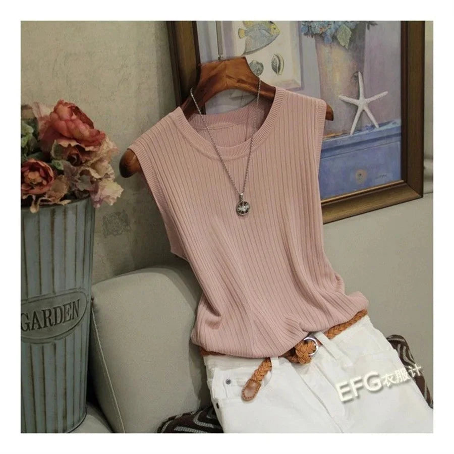 Blusa de verano sin mangas para mujer, blusa de punto con cuello redondo, ropa para mujer, tops para mujer