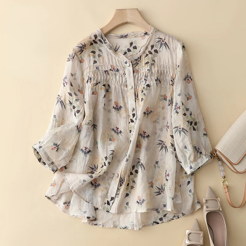 Blusas de estilo chino para mujer, de lino y algodón, de manga corta, holgadas y estampadas, ropa vintage para mujer, de verano, nuevas.
