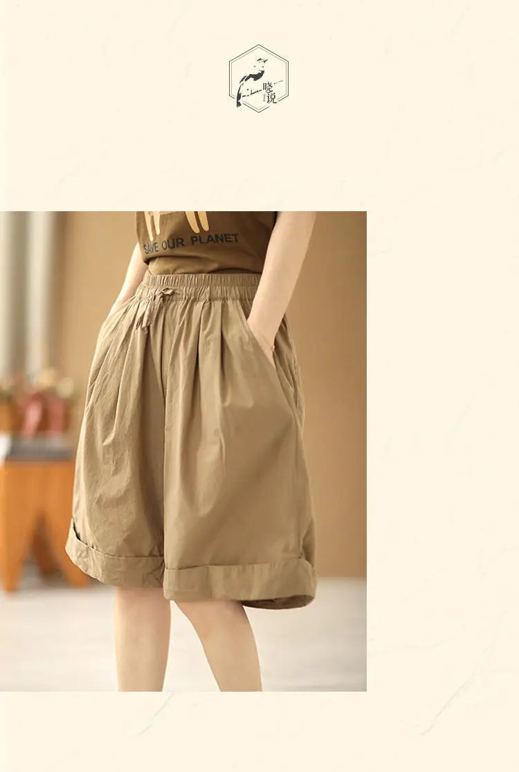 Pantalones cortos de playa sencillos de cintura alta elástica de estilo japonés para mujer, ropa de calle informal, holgados, de pierna ancha y hasta la rodilla