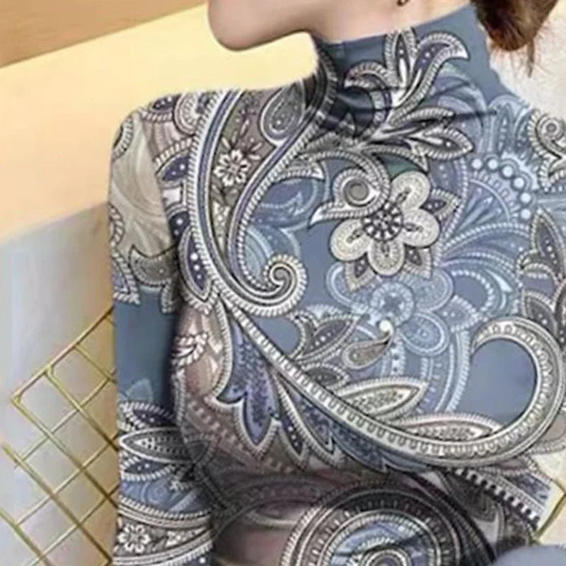 Women's Clothes High Neck T-Shirts New Flower Printed Skinny Long Sleeves Base Layer Tops for Female Autumn Winter