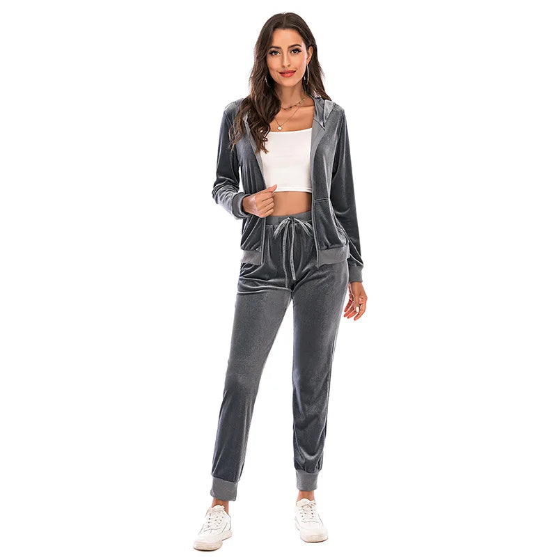Women's Clothes Autumn Long Sleeve Tops with Pants Loungewear Hooded Zipper With Pockets Warm Velvet Female Clothing Coat Suits