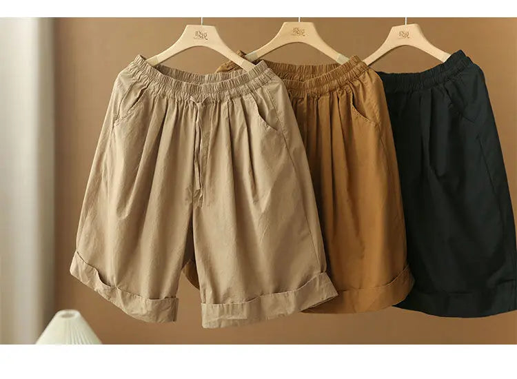 Pantalones cortos de playa sencillos de cintura alta elástica de estilo japonés para mujer, ropa de calle informal, holgados, de pierna ancha y hasta la rodilla