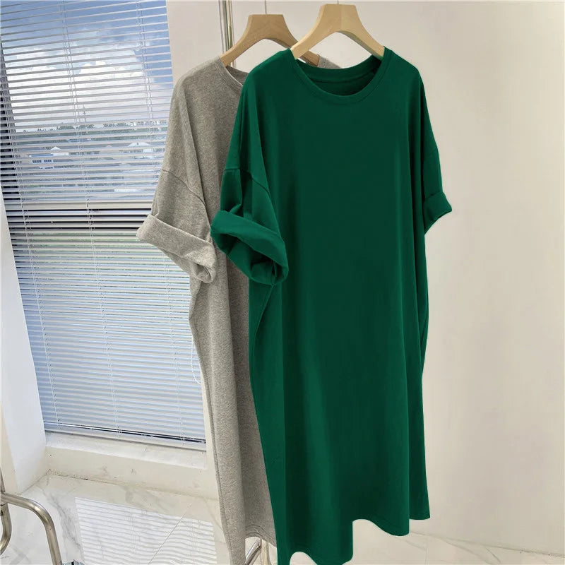 Women's Clothing Solid Dress Short Sleeve Casual Loose Pullover Tunic Summer Comfortable Simple Straight Dresses