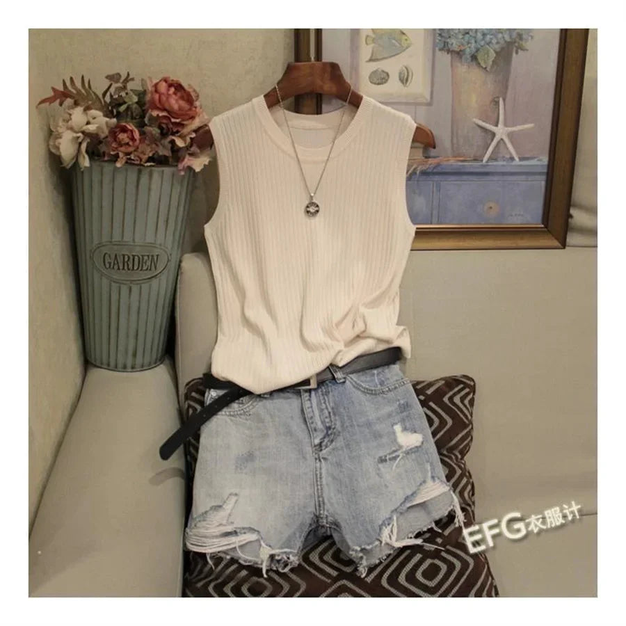 Blusa de verano sin mangas para mujer, blusa de punto con cuello redondo, ropa para mujer, tops para mujer