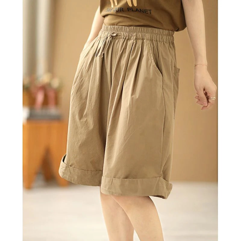 Pantalones cortos de playa sencillos de cintura alta elástica de estilo japonés para mujer, ropa de calle informal, holgados, de pierna ancha y hasta la rodilla