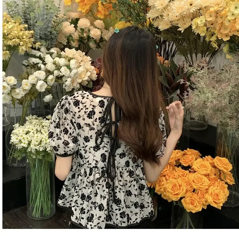 Ropa de mujer, elegantes camisas con cordón, estilo francés, vintage, flores rotas, verano, dulce, manga corta, elegante blusa de cintura.