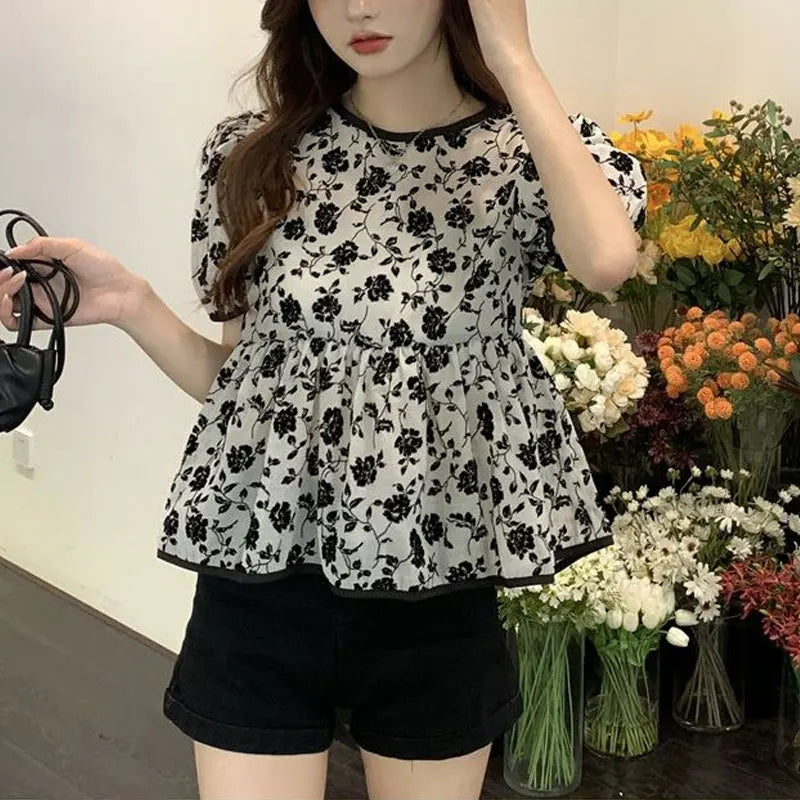Ropa de mujer, elegantes camisas con cordón, estilo francés, vintage, flores rotas, verano, dulce, manga corta, elegante blusa de cintura.