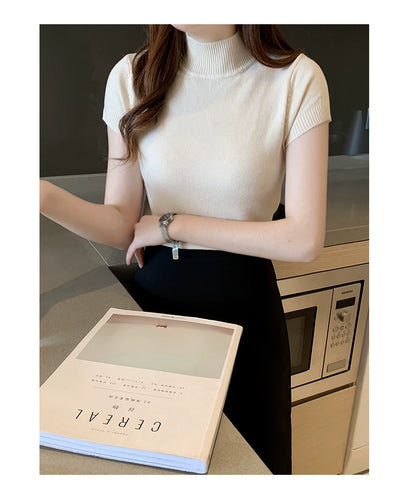 Blusa informal de punto coreana para mujer, blusa de cuello alto ajustada lisa, primavera y verano, 8622
