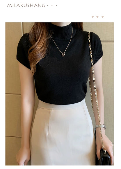 Blusa informal de punto coreana para mujer, blusa de cuello alto ajustada lisa, primavera y verano, 8622