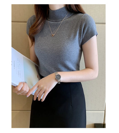 Blusa informal de punto coreana para mujer, blusa de cuello alto ajustada lisa, primavera y verano, 8622