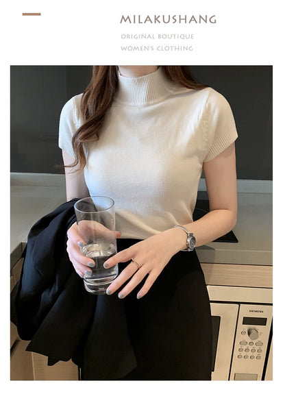 Blusa informal de punto coreana para mujer, blusa de cuello alto ajustada lisa, primavera y verano, 8622